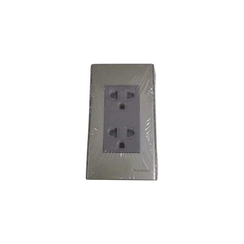 Panasonic Duplex Universal Outlet with Ground and Plate, 2 Gang Convenience Outlet with Ground and Plate 16A 250V Wide Color Refina Series Metallic Gray WEG6803MH-1/WEG15829H-5