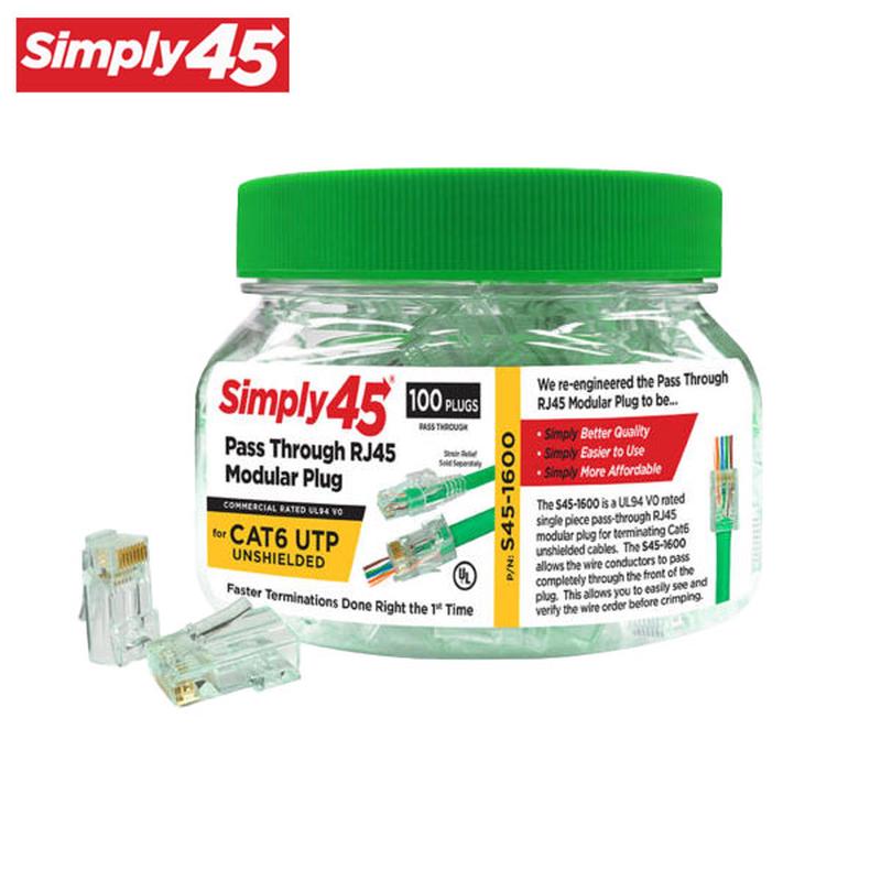 Simply45 - S45-1600 - Unshielded - Pass-Through RJ45 Modular Plugs - Green Tint - Commercial Rated - for Cat6 UTP Solid / Cat5e/6 UTP Stranded - Jar of 100